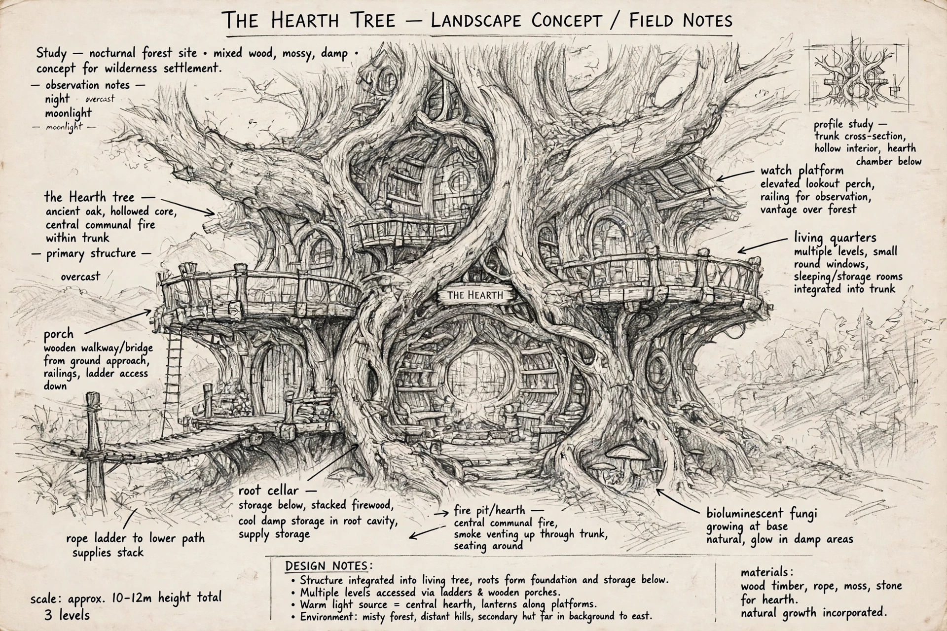 The Hearth in pencil: a graphite study of the ancient tree-dwelling with handwritten notations