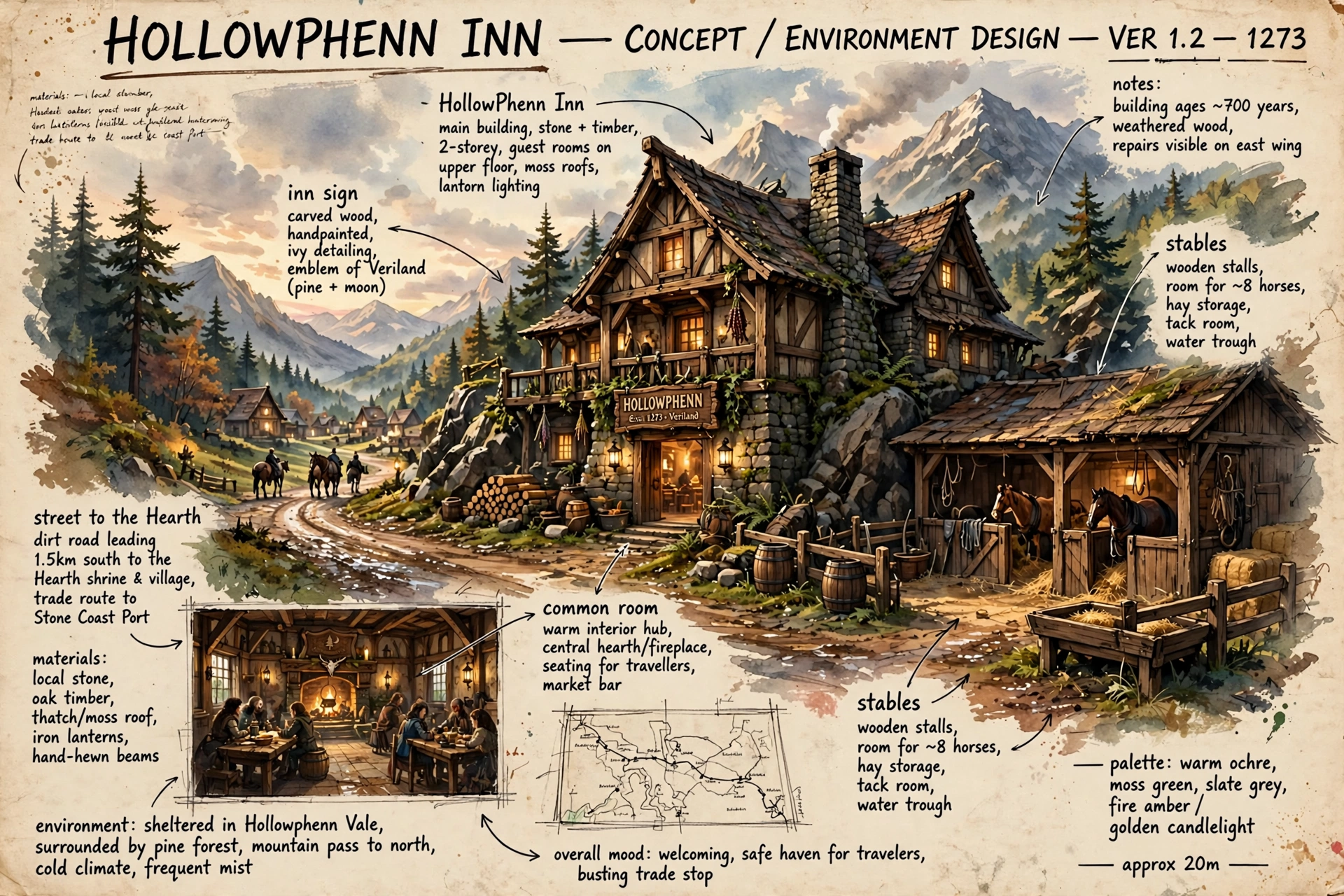 The HollowPhenn Inn in color: a painted environment design sheet with notations for the main building, stables, common room, and the street to the Hearth