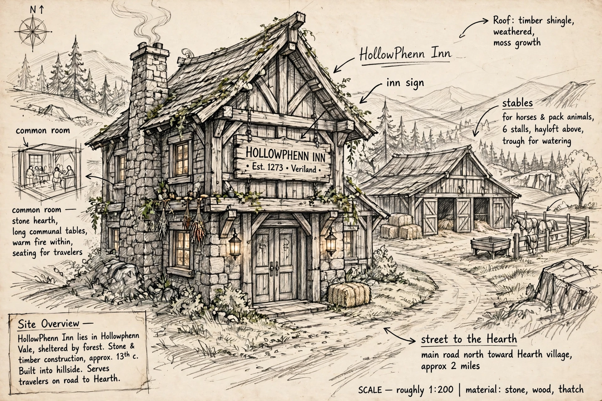 The HollowPhenn Inn in pencil: a graphite environment study of the stone-and-timber inn with handwritten notations
