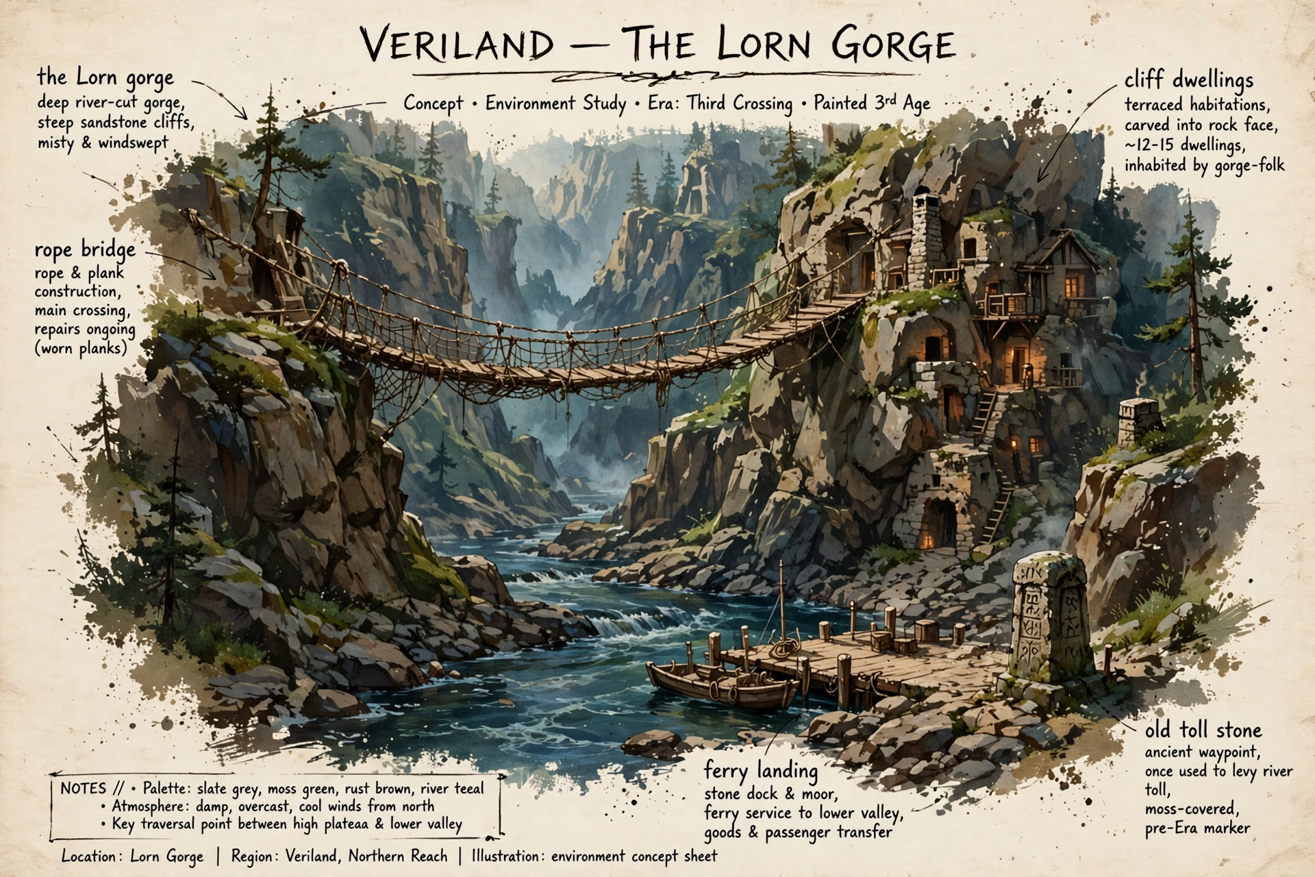 The Lorn Gorge in color: a painted study of a rope bridge, cliff dwellings, and an old toll stone, with notations