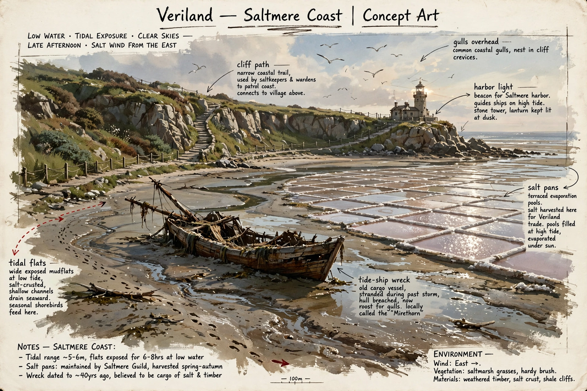 The Saltmere Coast in color: a painted study of tidal flats, salt pans, and a wrecked tide-ship at low water, with notations