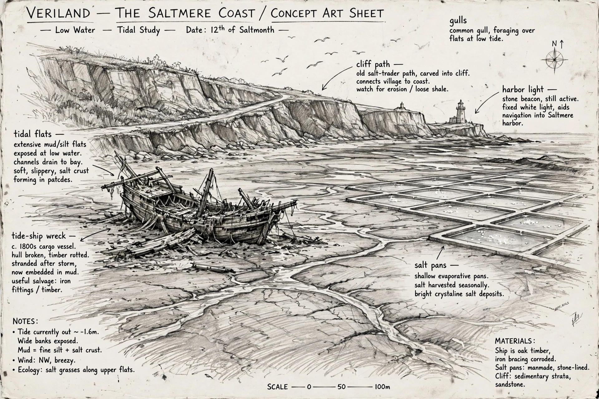 The Saltmere Coast in pencil: a graphite study of tidal flats, salt pans, and a wrecked tide-ship at low water, with notations
