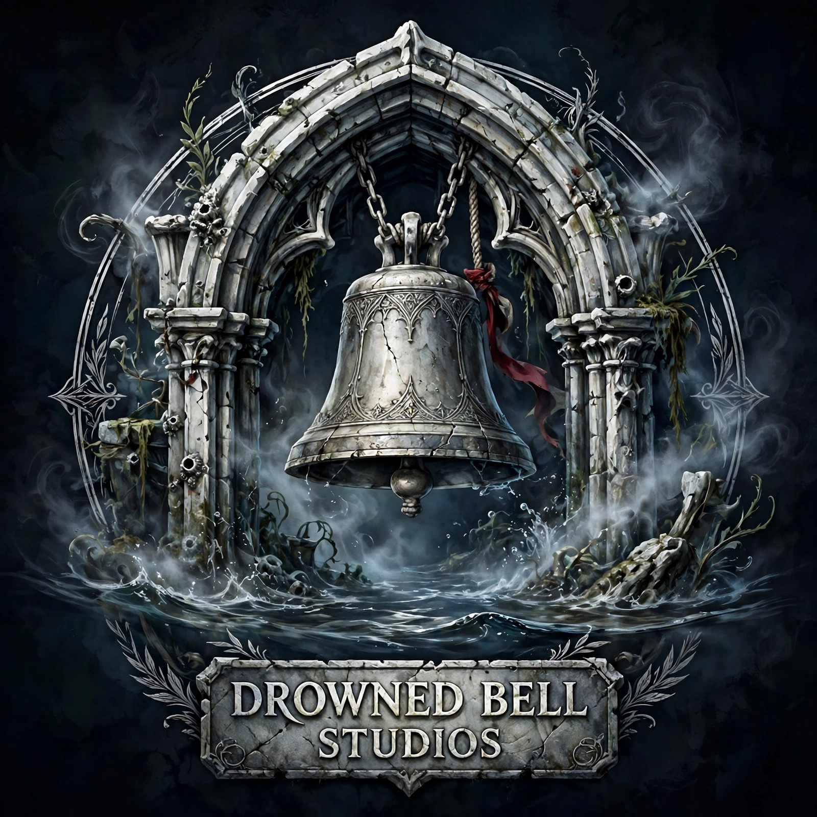 Archived logo concept: a cracked silver bell hanging in a ruined stone chapel arch above dark water, with a carved stone Drowned Bell Studios plaque