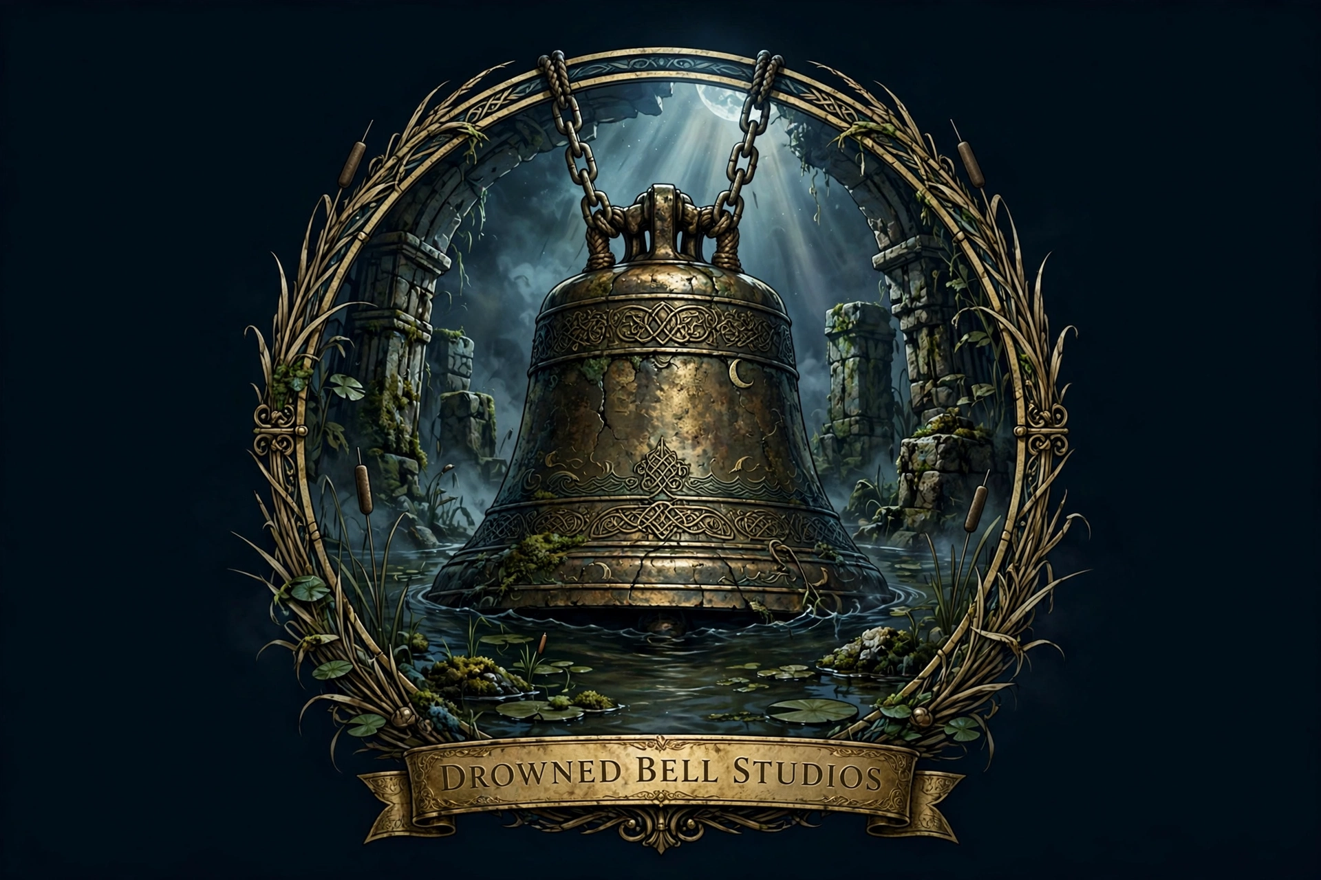 The Drowned Bell Studios logo: a bronze drowned bell in fen water within a reed-woven ring, with a Drowned Bell Studios banner