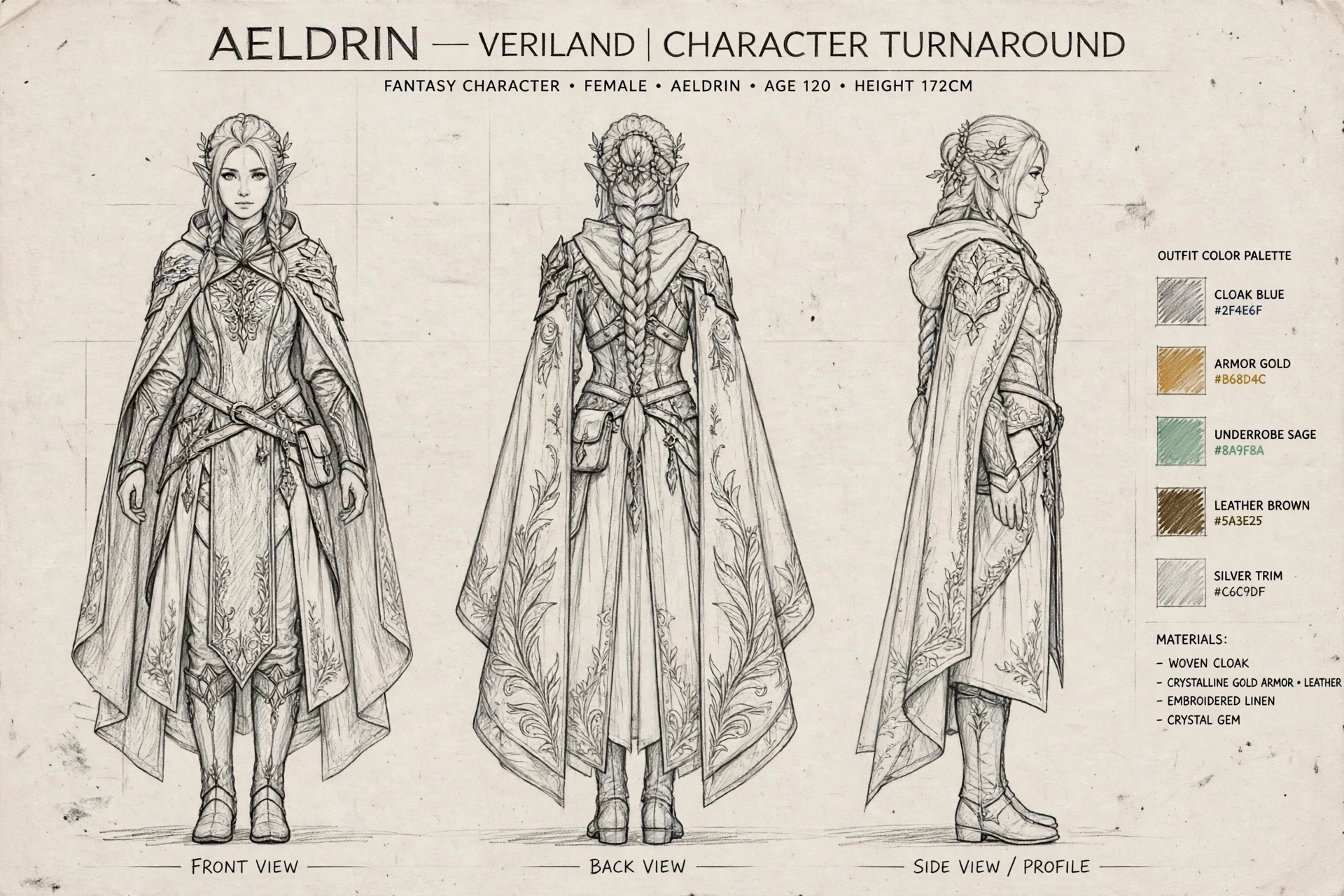 Pencil turnaround sheet of the Aeldrin female: graphite front, side, and back views with a color palette and notes column