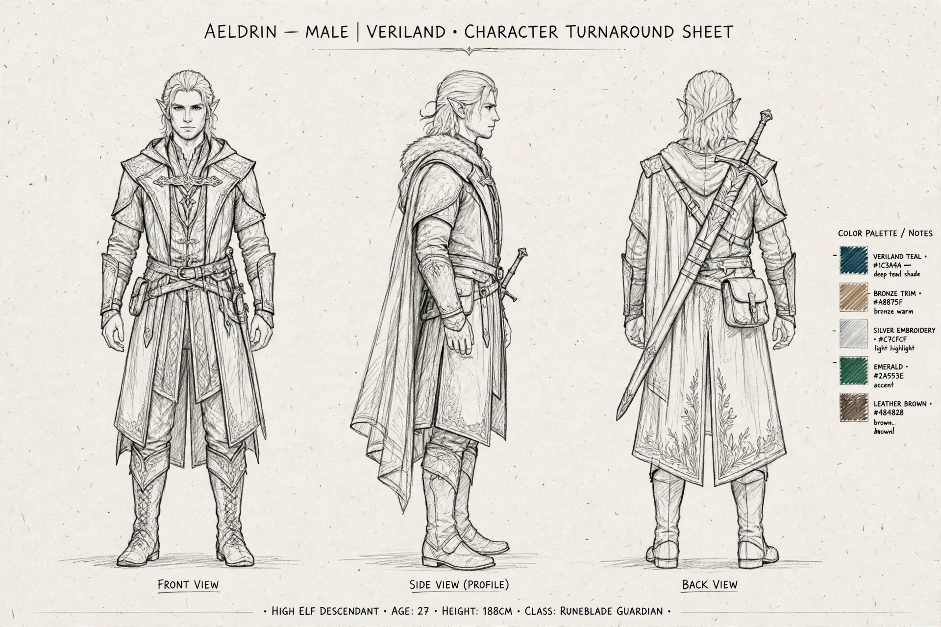 Pencil turnaround sheet of the Aeldrin male Runeblade Guardian: graphite front, side, and back views with a color palette and notes column
