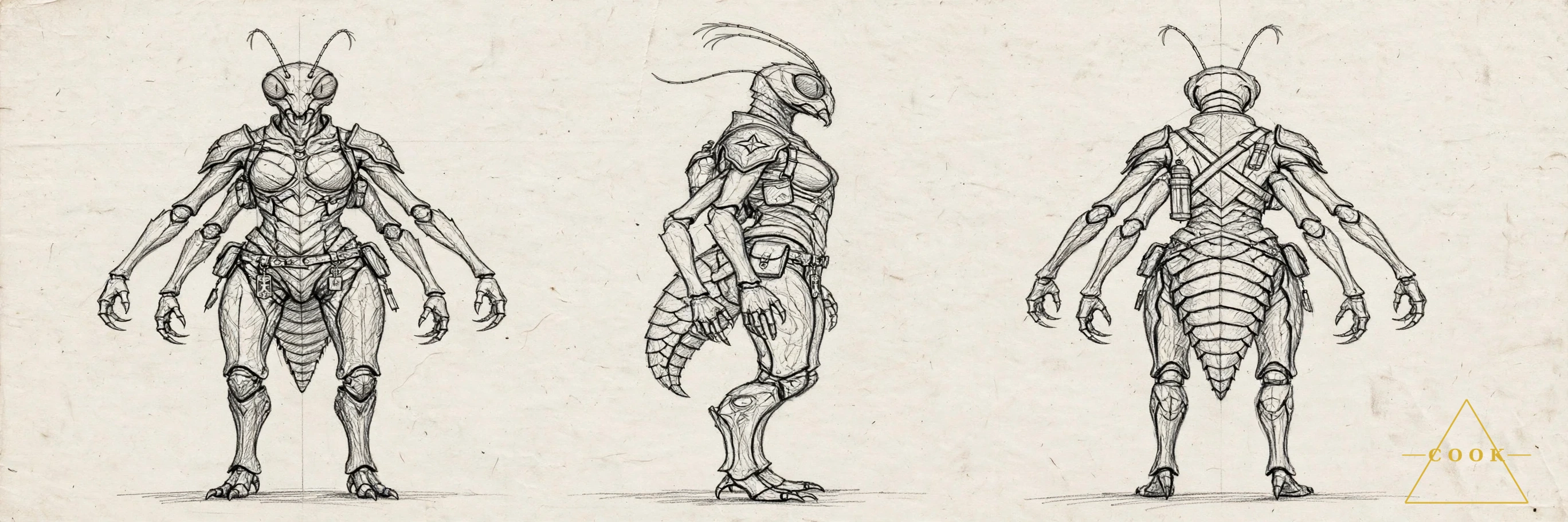Pencil turnaround sheet of the Khyrrix female: graphite front, side, and back views of the corrected four-armed antlike design