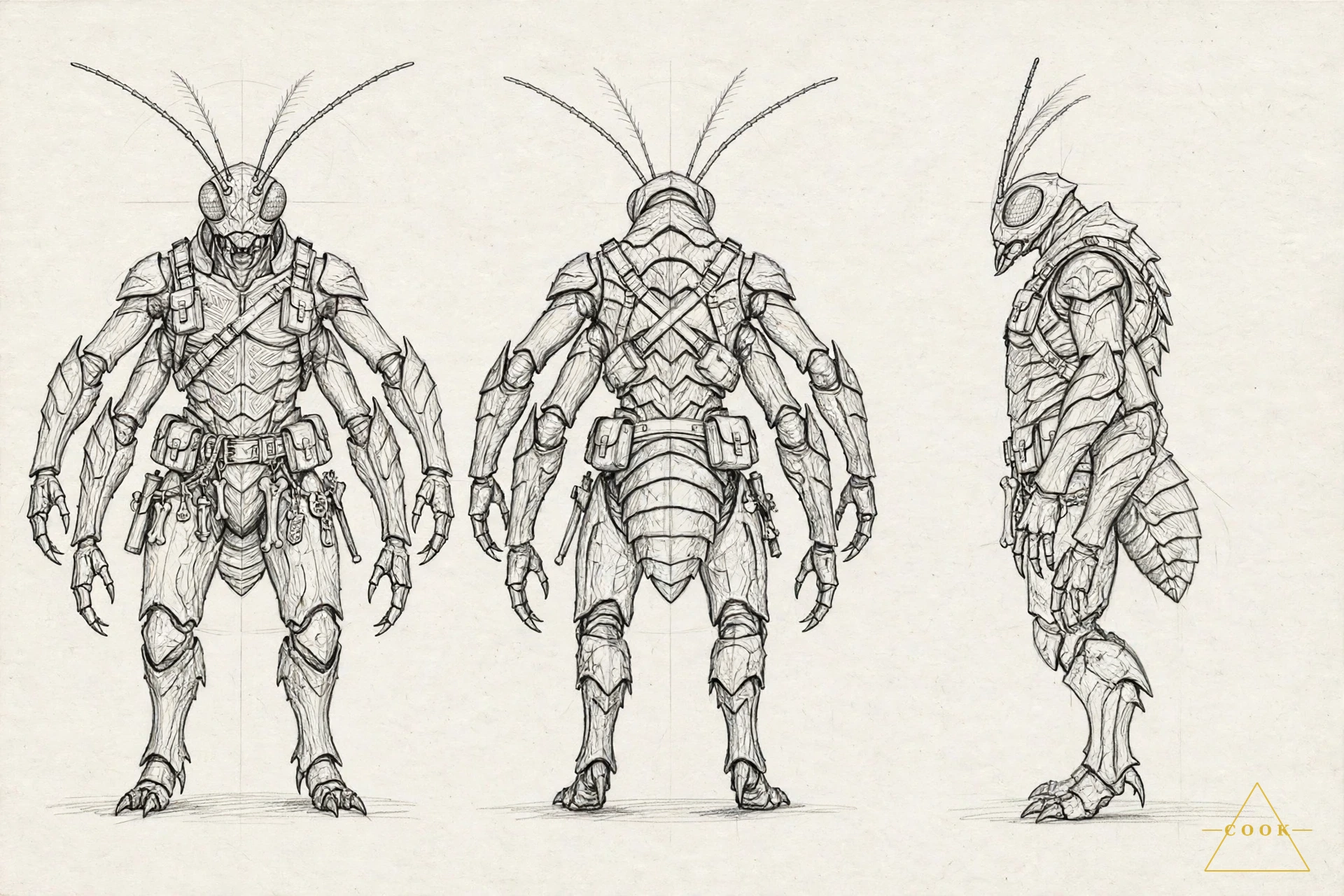 Pencil turnaround sheet of the Khyrrix male: graphite front, side, and back views of the corrected four-armed antlike design
