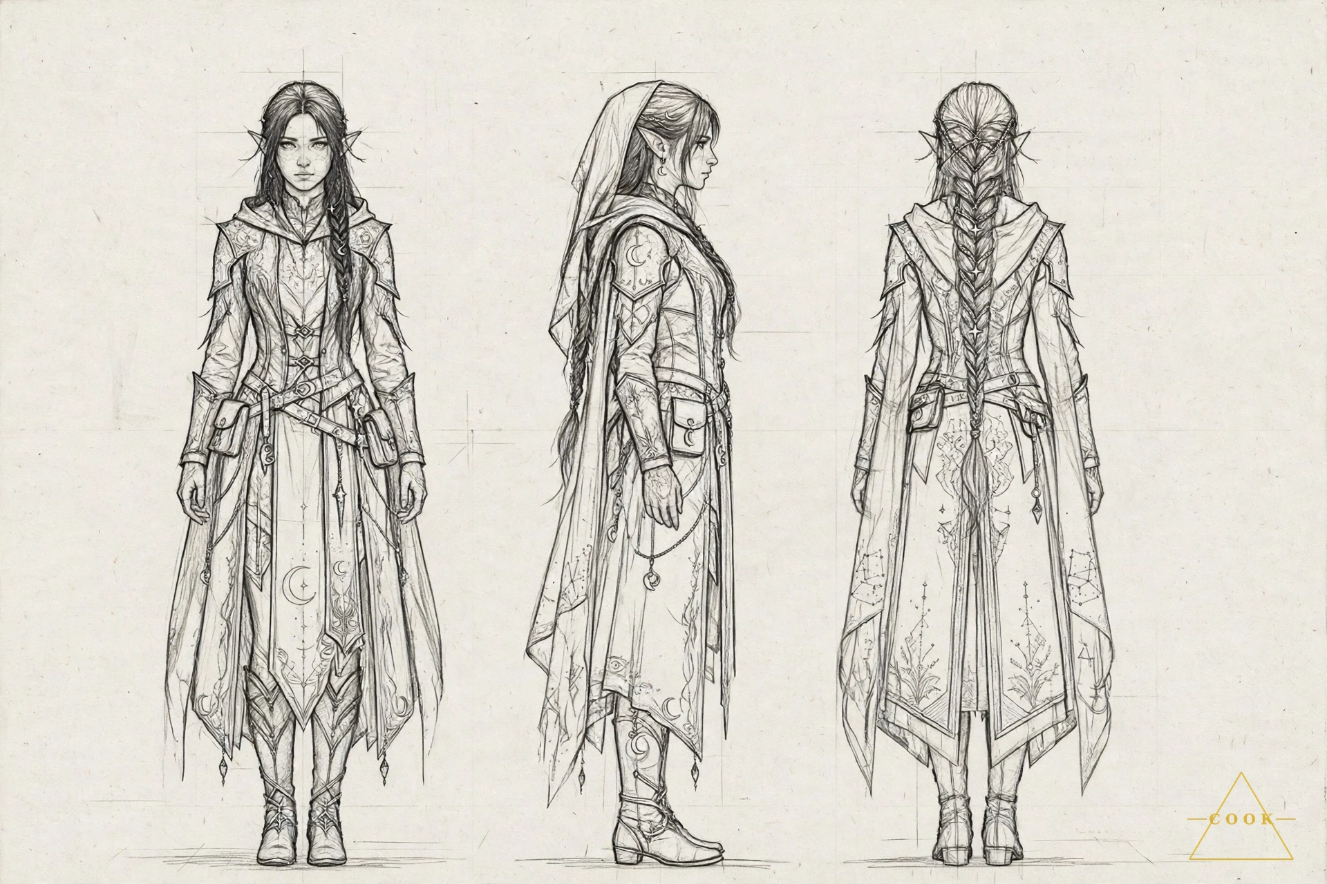 Pencil turnaround sheet of the Nyxari female: graphite front, side, and back views