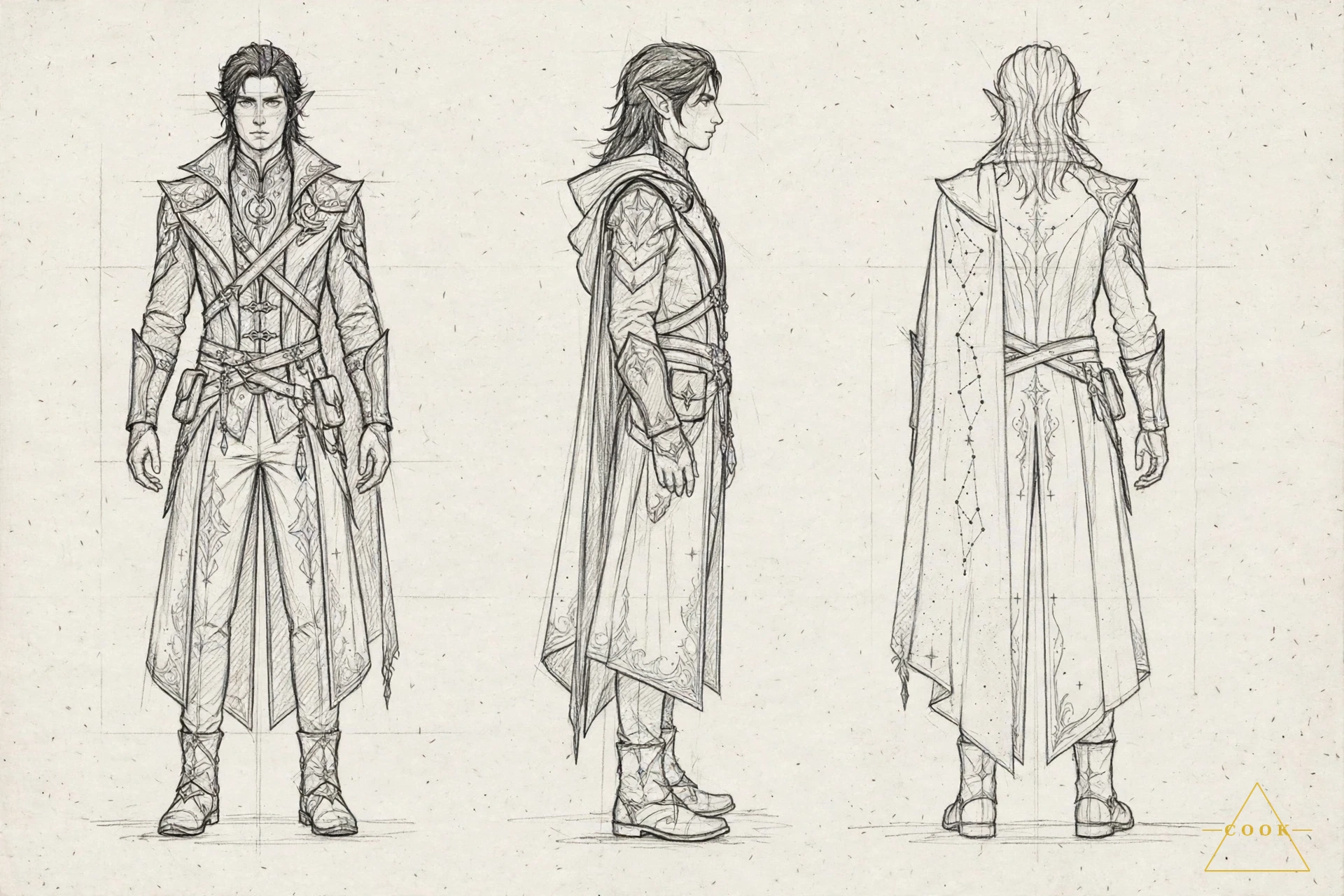 Pencil turnaround sheet of the Nyxari male: graphite front, side, and back views