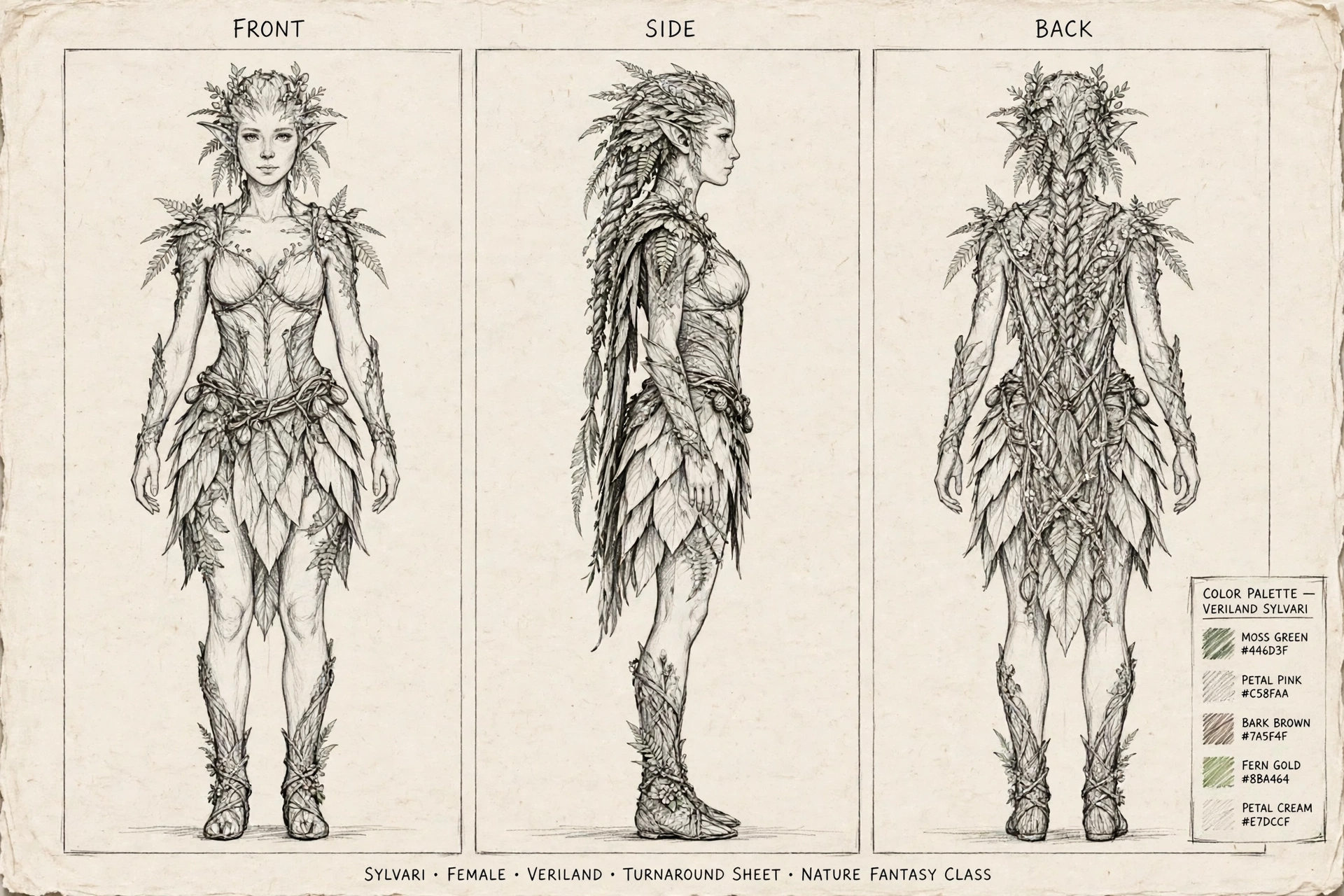 Pencil turnaround sheet of the Sylvari female: graphite front, side, and back views with a color palette and notes column