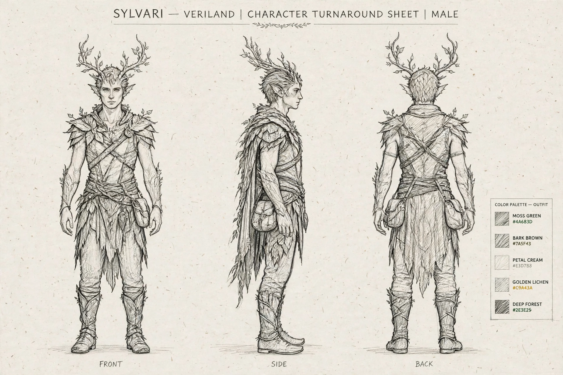 Pencil turnaround sheet of the Sylvari male: graphite front, side, and back views with a color palette and notes column