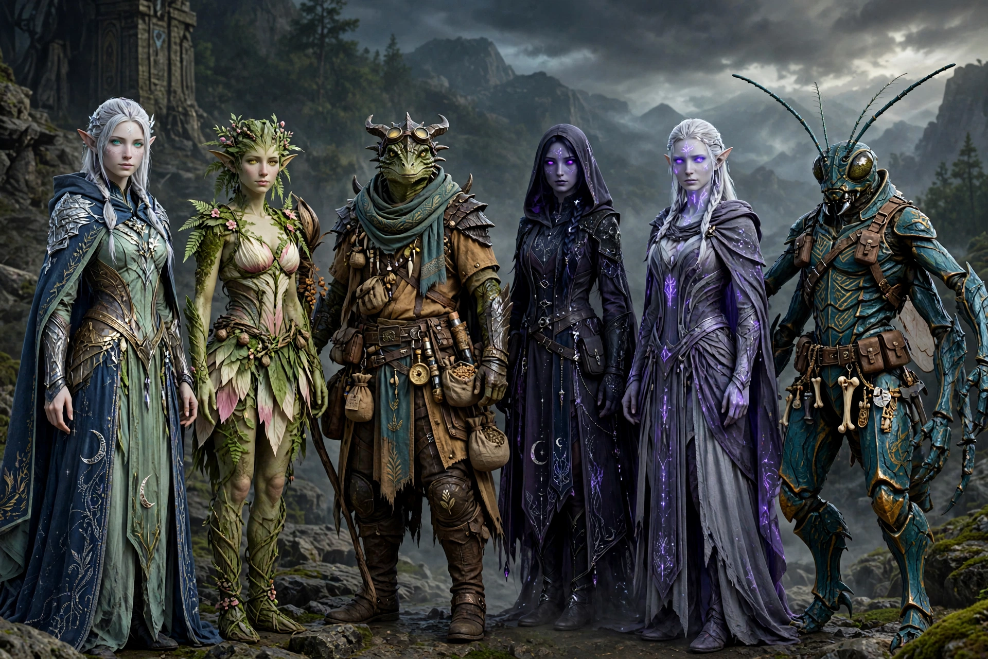 Six Veriland peoples standing side by side: Aeldrin, Sylvari, Khar'Zeth, Nyxari, Veylborn, and Khyrrix