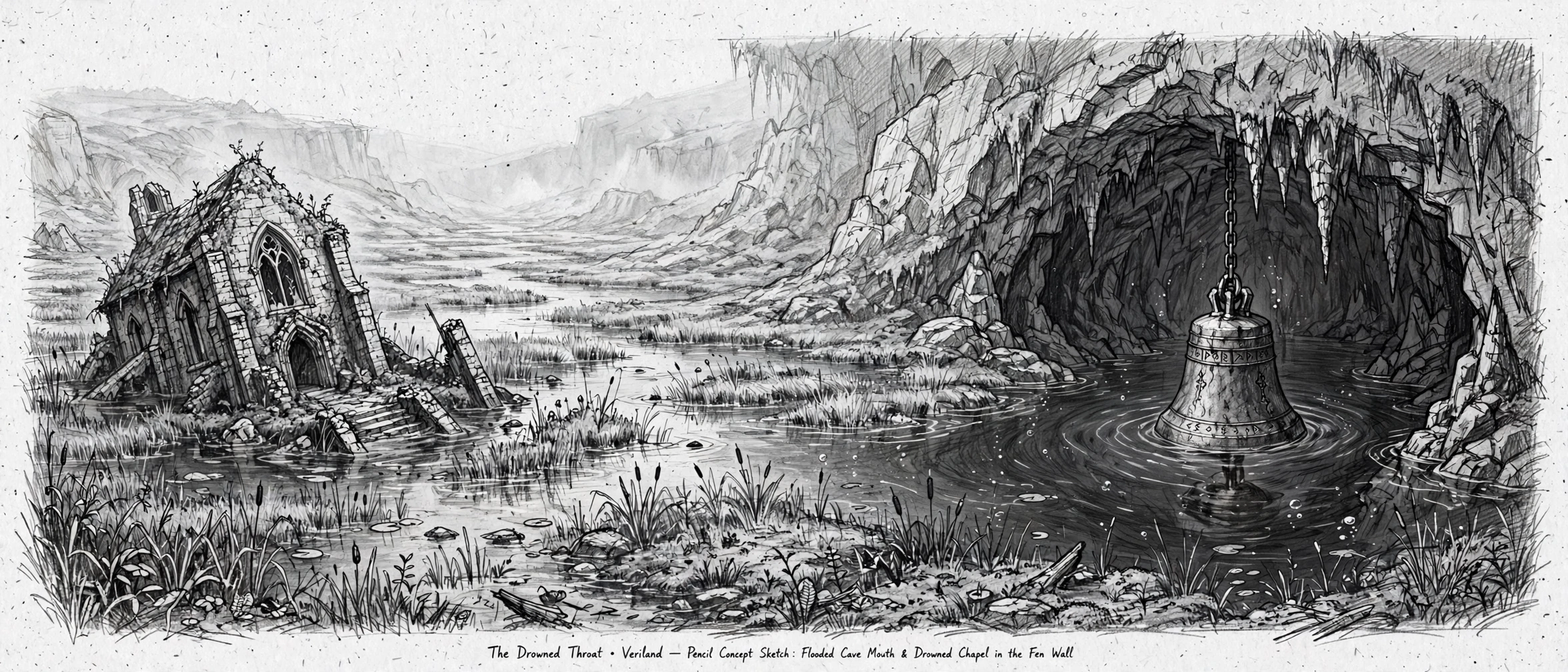 Pencil sketch of the Drowned Throat: the flooded cave mouth where the deep bell hangs
