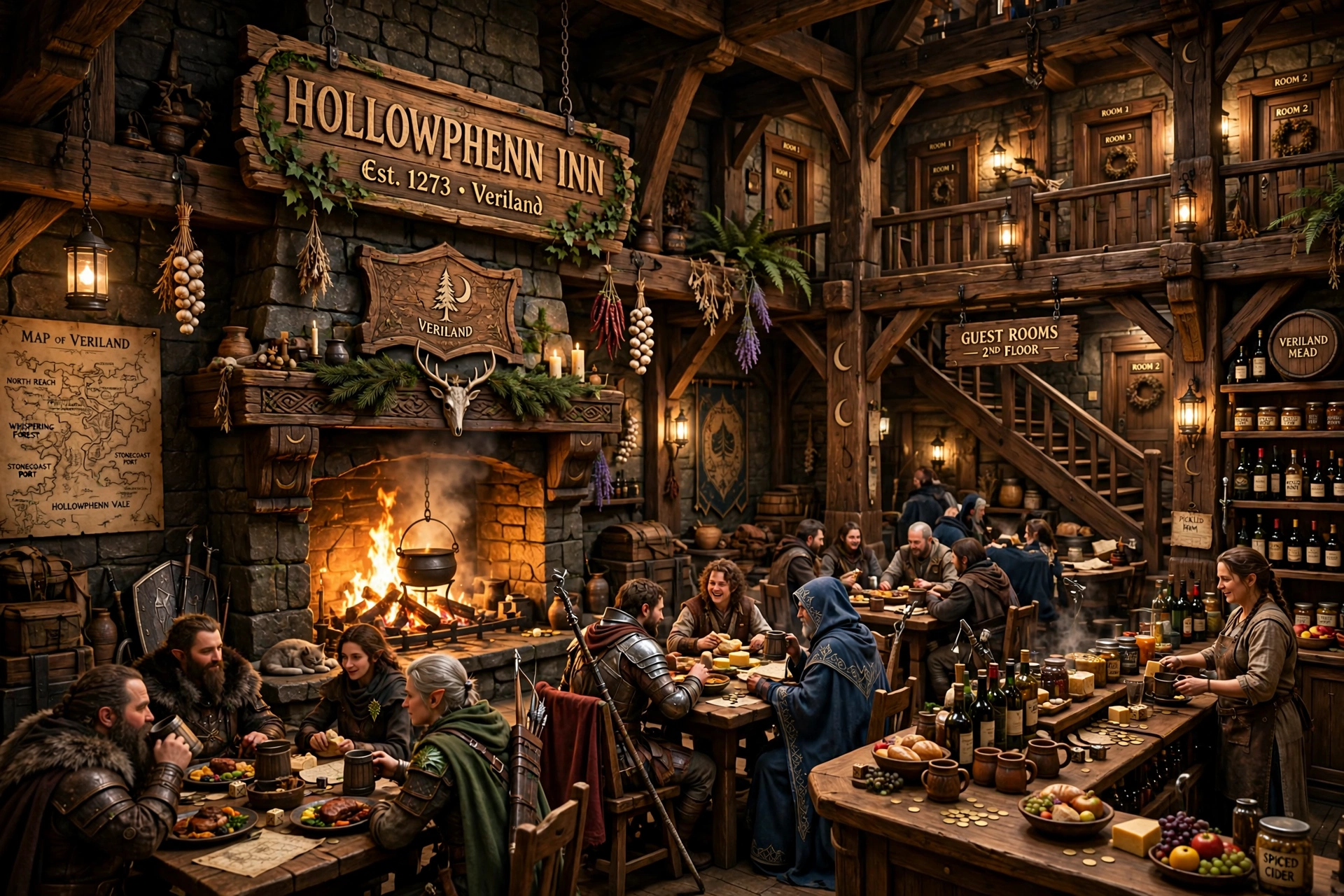 Concept art of the HollowPhenn Inn, a timbered inn glowing warm against a fen dusk