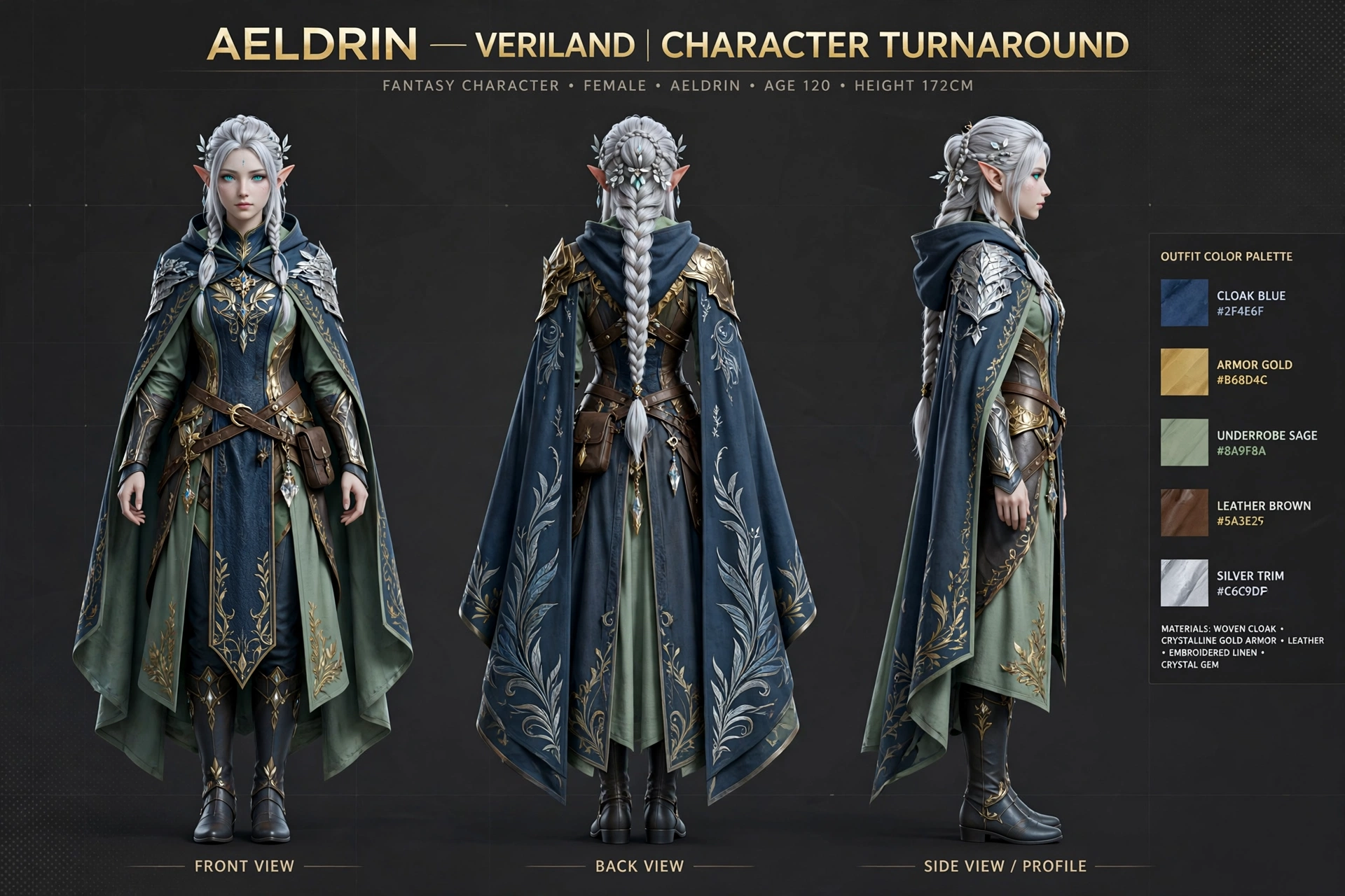 Aeldrin female turnaround sheet: front, side, and back views
