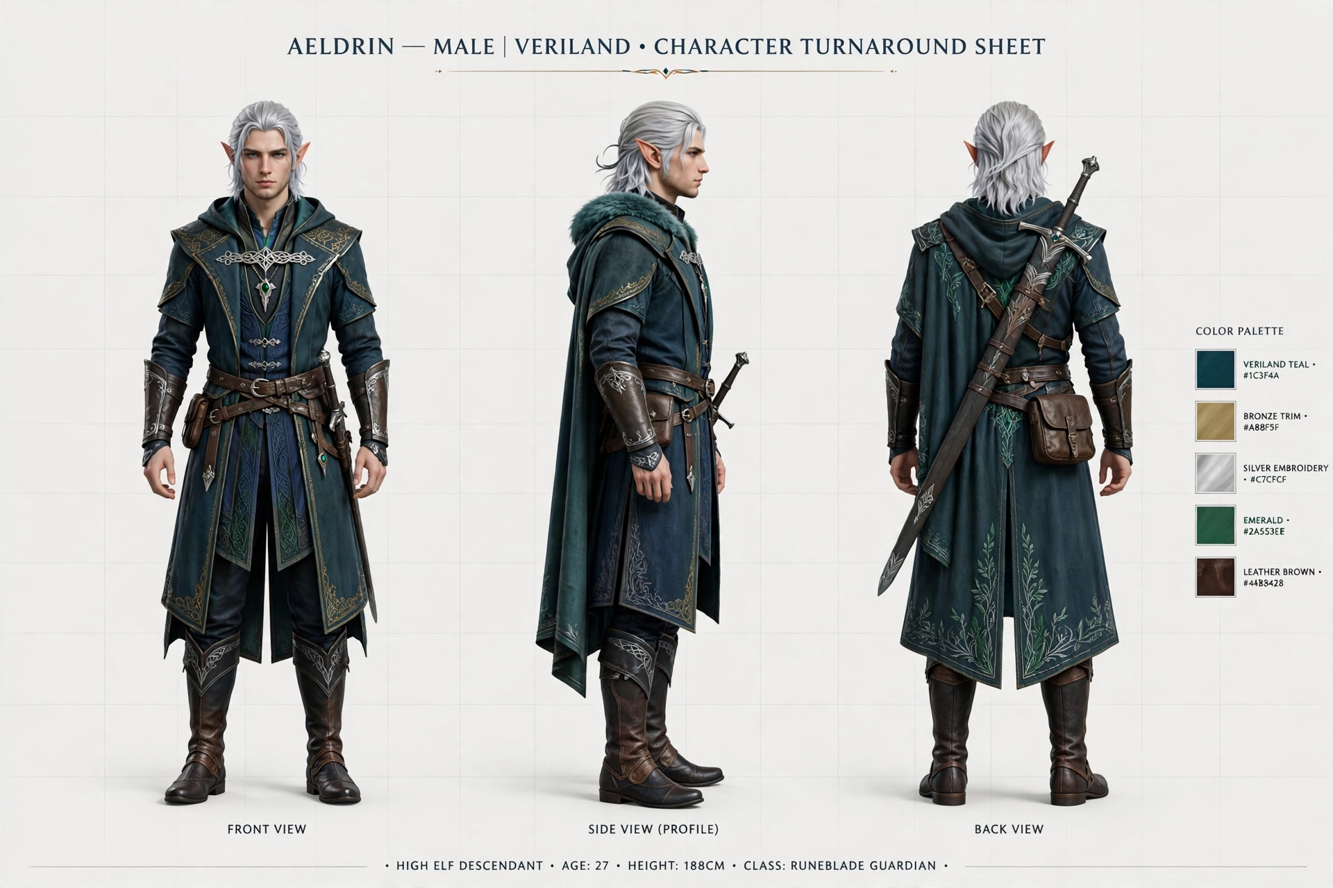 Aeldrin male turnaround sheet: silver-haired elf in teal robes with bronze trim, front, side, back, and color palette
