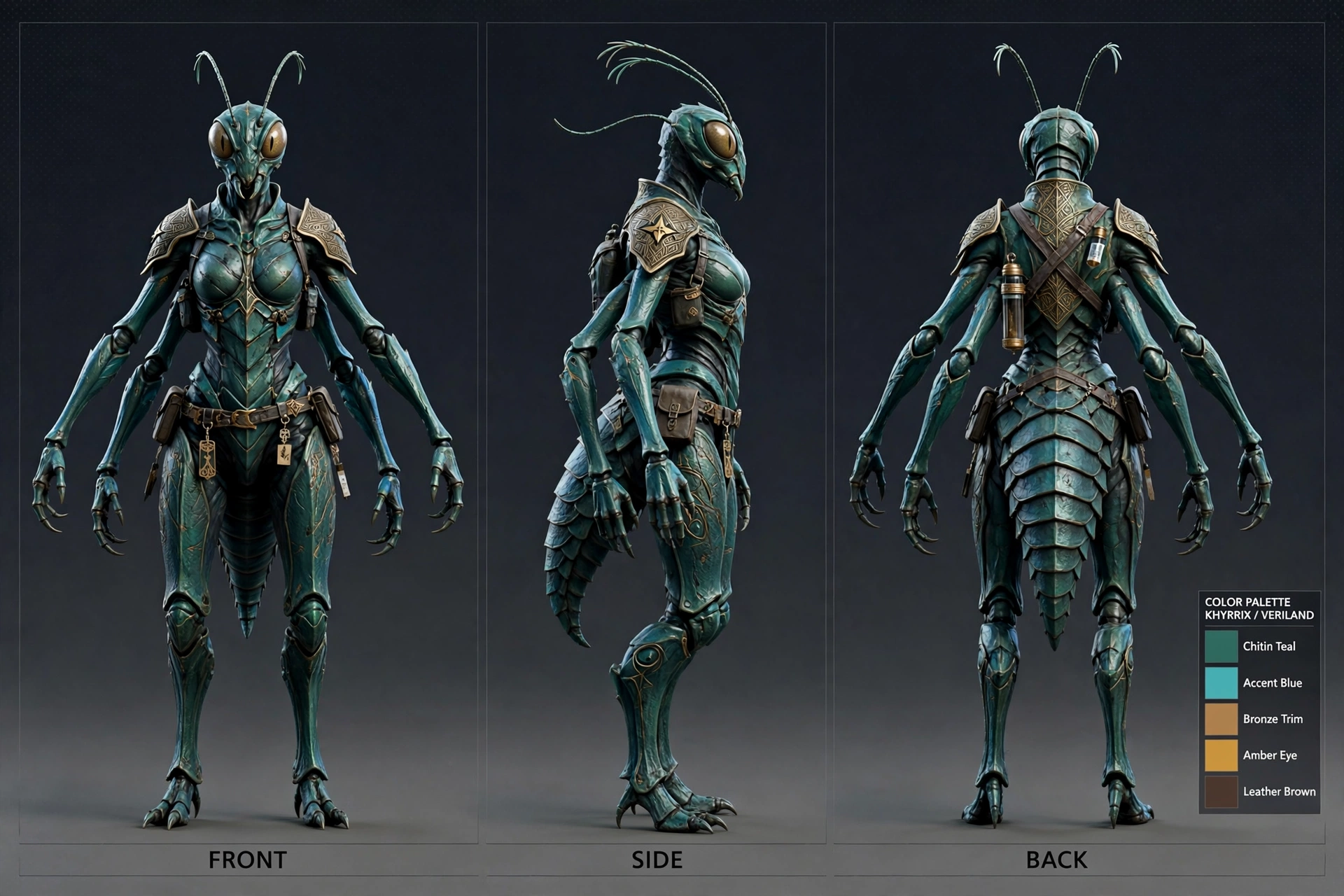 Corrected Khyrrix female turnaround sheet: a large four-armed antlike insectoid, front, side, and back views