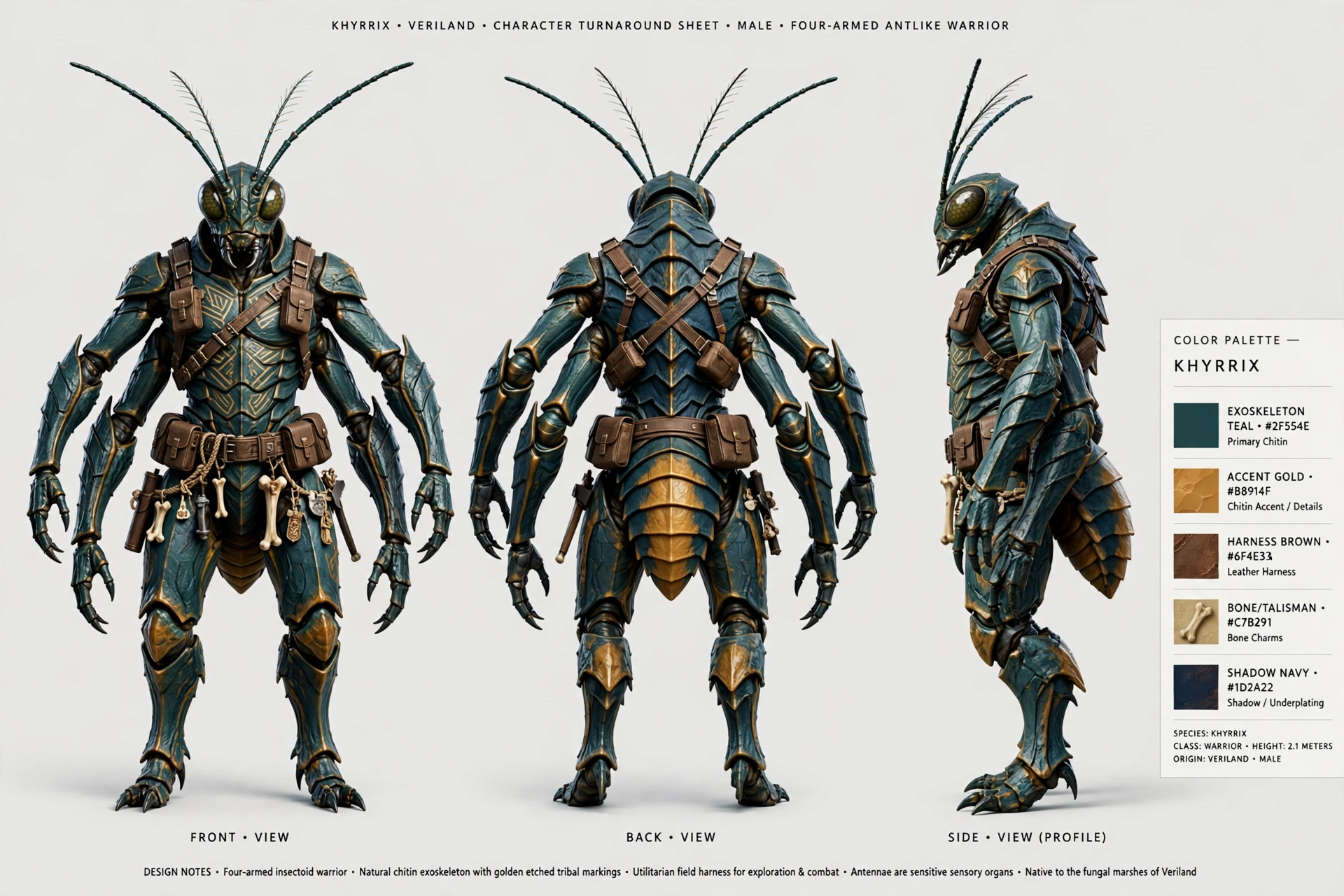 Corrected Khyrrix male turnaround sheet: a large four-armed antlike insectoid, front, side, and back views