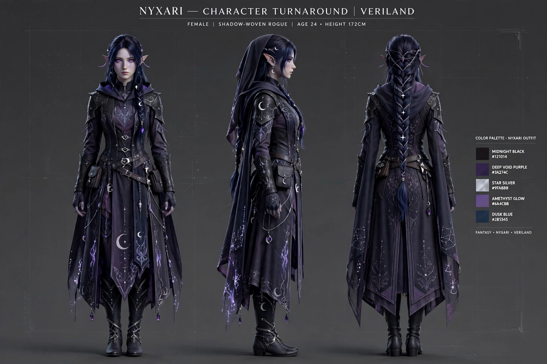 Nyxari female turnaround sheet: front, side, and back views