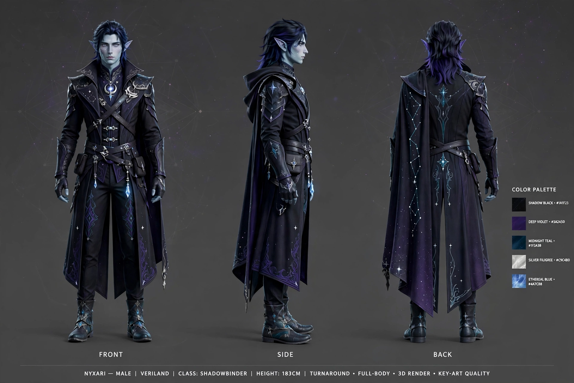 Nyxari male turnaround sheet: front, side, and back views