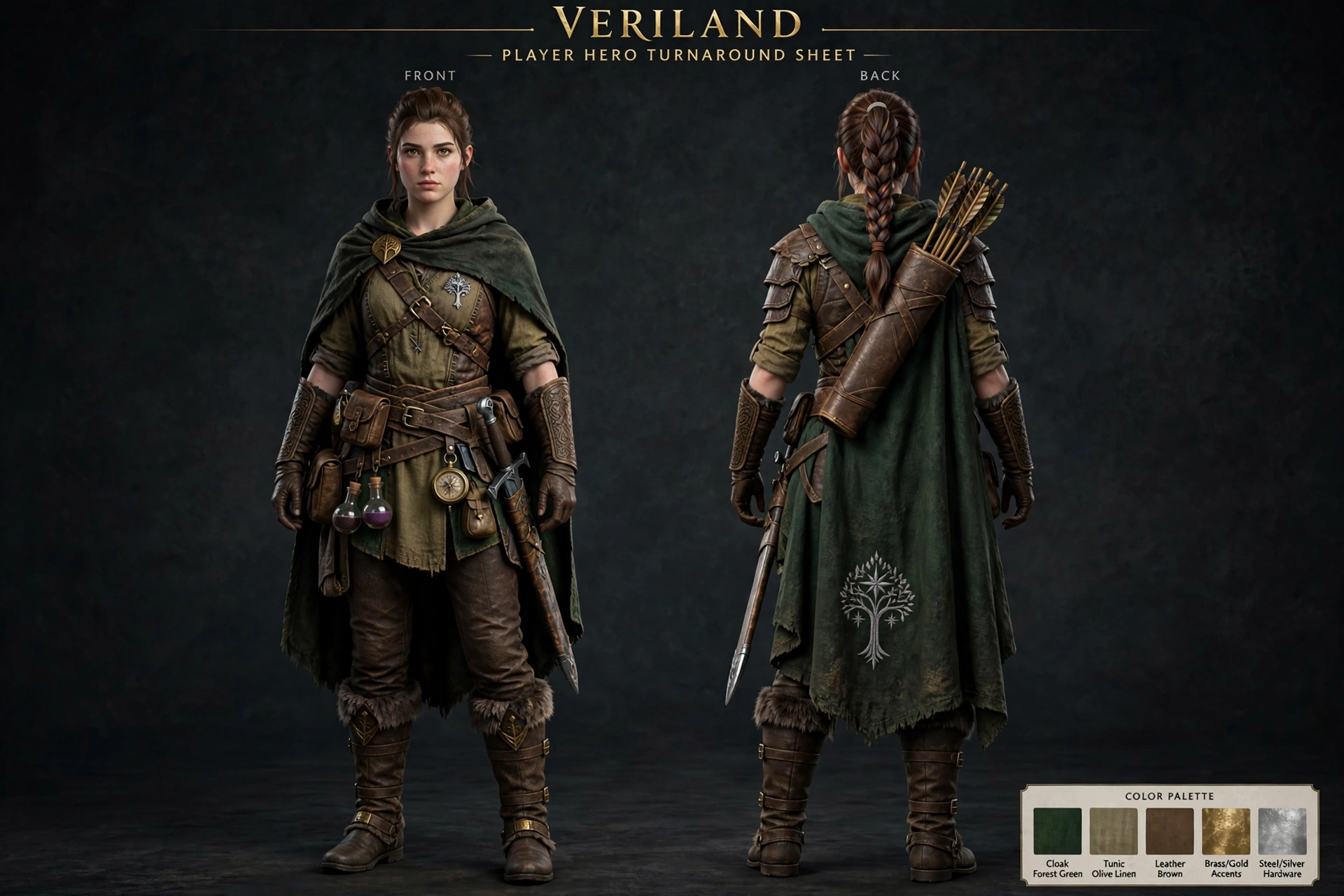 Player character turnaround sheet: front, side, and back views in AAA 3D style