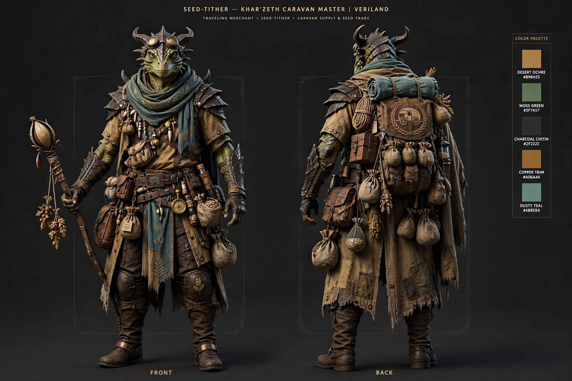 Seed-Tither turnaround sheet: the Khar'Zeth caravan master, front, side, and back views