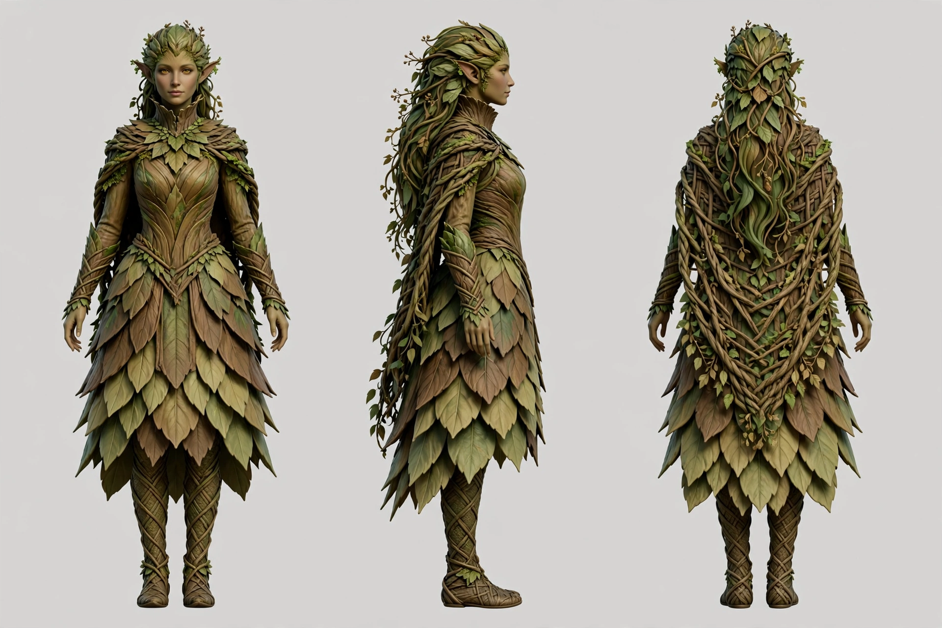 Sylvari female turnaround sheet: front, side, and back views