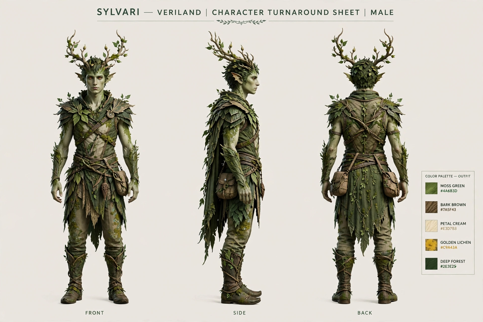 Sylvari male turnaround sheet: front, side, and back views